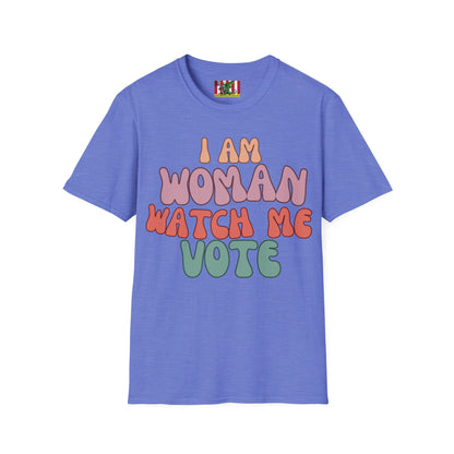 2-sided, I Am Woman Watch Me Vote Light colors Unisex T-Shirt by theGreenDragonTavern.shop