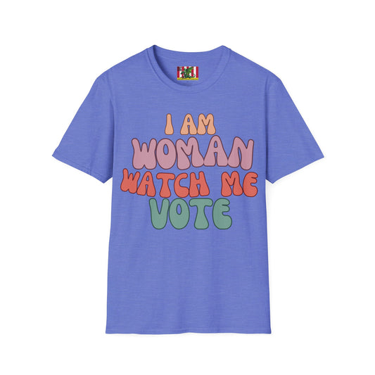 2-sided, I Am Woman Watch Me Vote Light colors Unisex T-Shirt by theGreenDragonTavern.shop