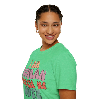 2-sided, I Am Woman Watch Me Vote Dark colors Unisex T-Shirt by theGreenDragonTavern.shop