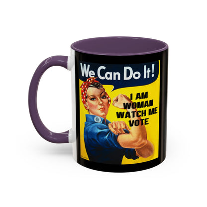 I Am Woman Watch Me Vote Rosie Black Accent Mug by theGreenDragonTavern.shop