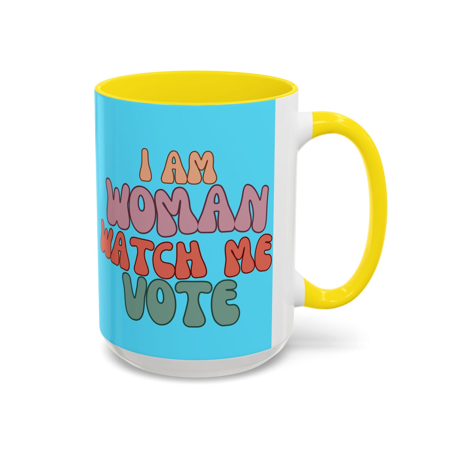 I Am Woman Watch Me Vote Light Blue Accent Mug by theGreenDragonTavern.shop