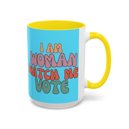 I Am Woman Watch Me Vote Light Blue Accent Mug by theGreenDragonTavern.shop