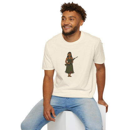 2-sided, Hula Girl Packin' Heat Light colors Unisex T-Shirt by theGreenDragonTavern.shop