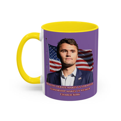 Charlie Kirk, Healthy Debate Light Purple Accent Mug by theGreenDragonTavern.shop