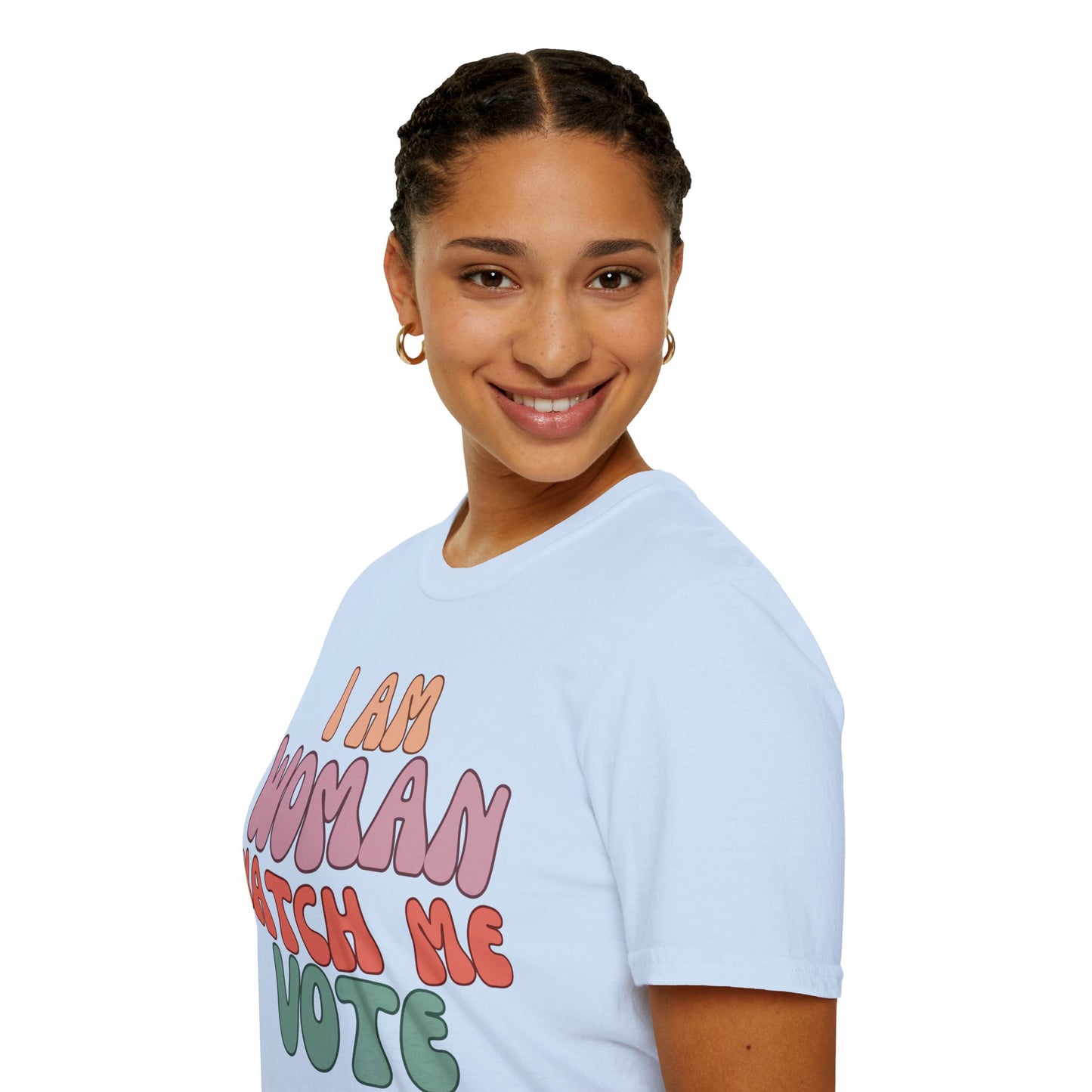 2-sided, I Am Woman Watch Me Vote Light colors Unisex T-Shirt by theGreenDragonTavern.shop