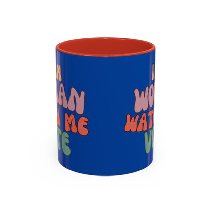 I Am Woman Watch Me Vote Dark Blue Accent Mug by theGreenDragonTavern.shop
