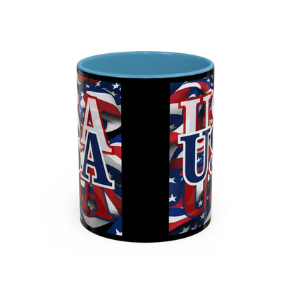 USA Blue font Center Patriot Black Accent Mug by theGreenDragonTavern.shop