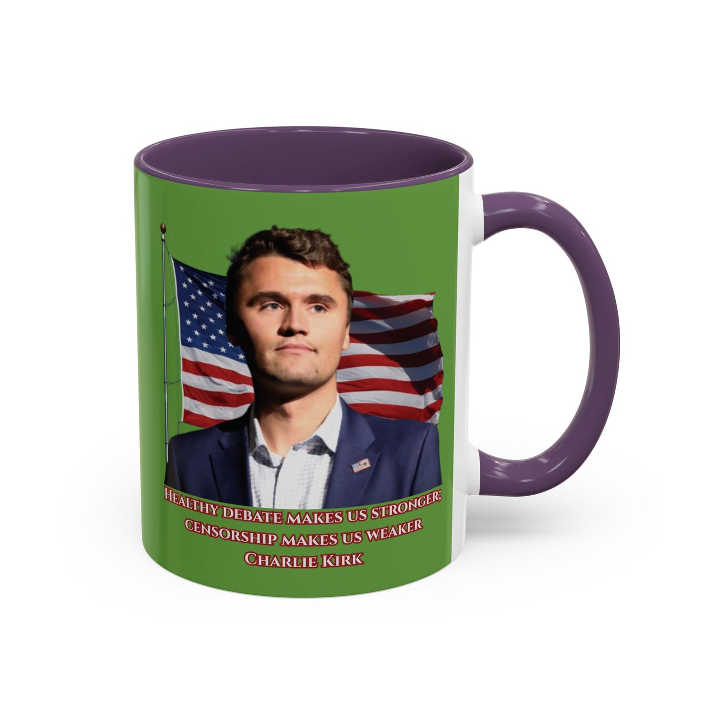 Charlie Kirk, Healthy Debate Green Accent Mug by theGreenDragonTavern.shop