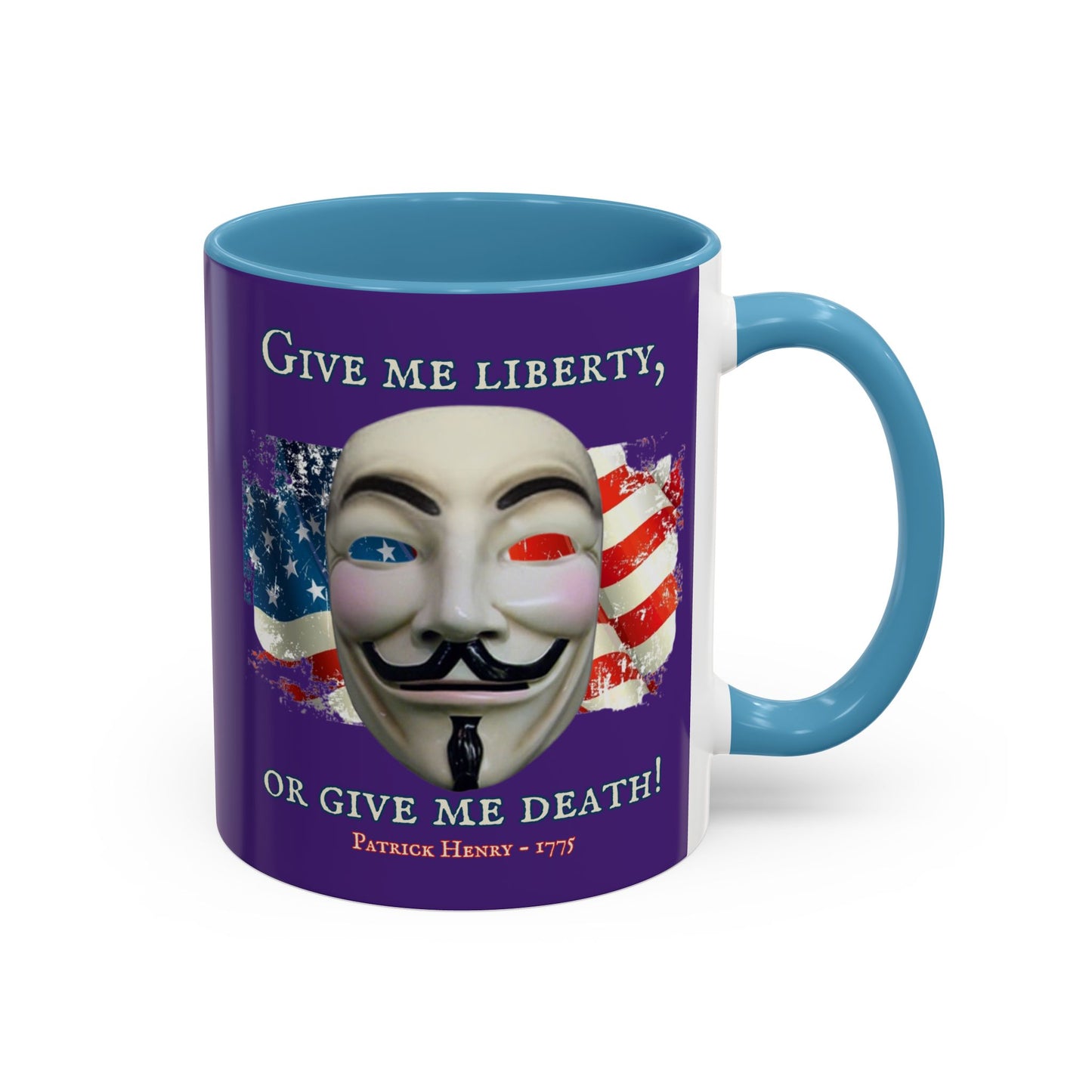 Vendetta, "Give me liberty, or give me death!" Purple Accent Mug by theGreenDragonTavern.shop