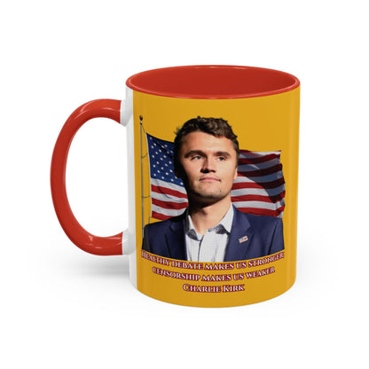 Charlie Kirk, Healthy Debate Yellow Accent Mug by theGreenDragonTavern.shop