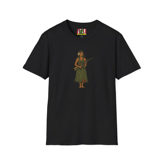 2-sided, Hula Girl Packin' Heat Dark colors Unisex T-Shirt by theGreenDragonTavern.shop