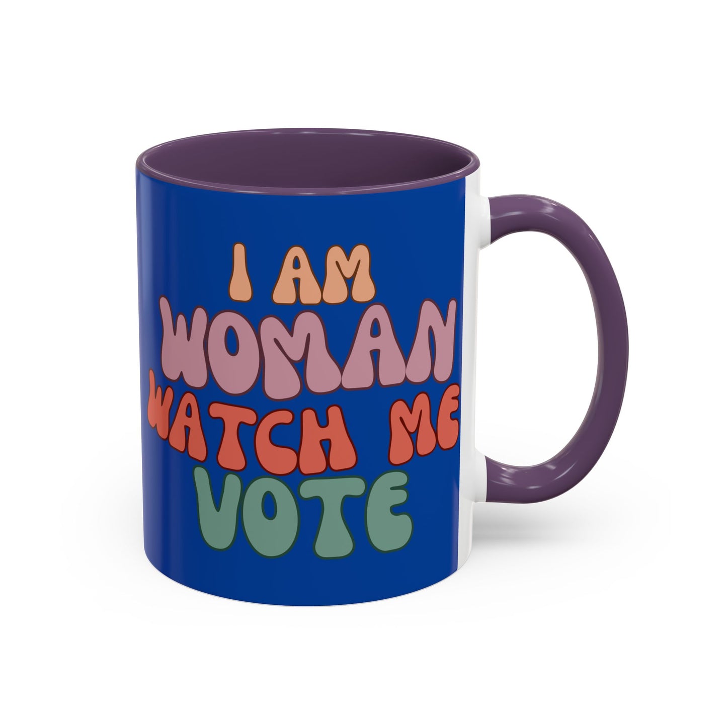 I Am Woman Watch Me Vote Dark Blue Accent Mug by theGreenDragonTavern.shop