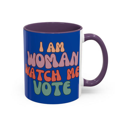 I Am Woman Watch Me Vote Dark Blue Accent Mug by theGreenDragonTavern.shop