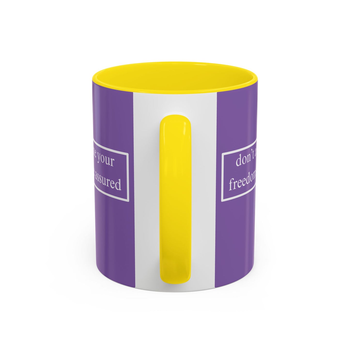 don't assume your freedoms are assured White font Light Purple Accent Mug by theGreenDragonTavern.shop