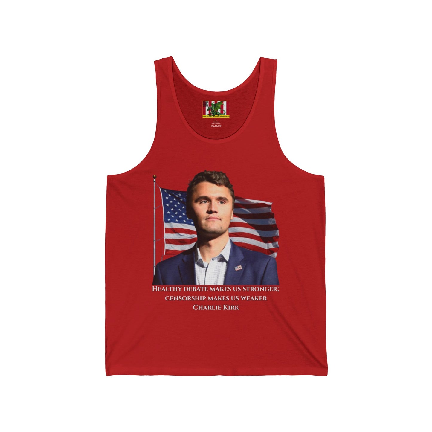 Charlie Kirk, Healthy Debate Unisex Jersey Tank Top by theGreenDragonTavern.shop