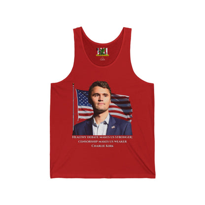 Charlie Kirk, Healthy Debate Unisex Jersey Tank Top by theGreenDragonTavern.shop