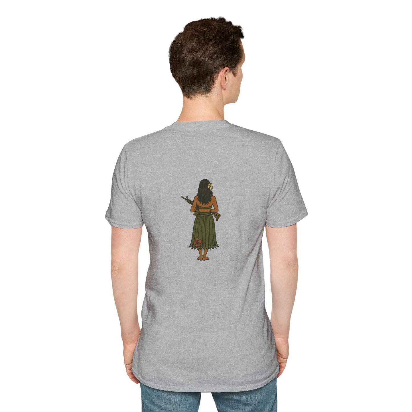 2-sided, Hula Girl Packin' Heat Light colors Unisex T-Shirt by theGreenDragonTavern.shop