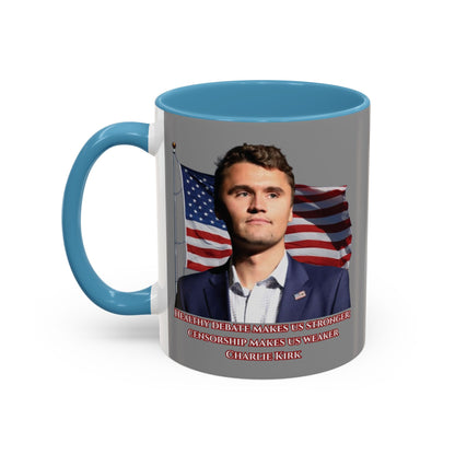 Charlie Kirk, Healthy Debate Grey Accent Mug by theGreenDragonTavern.shop