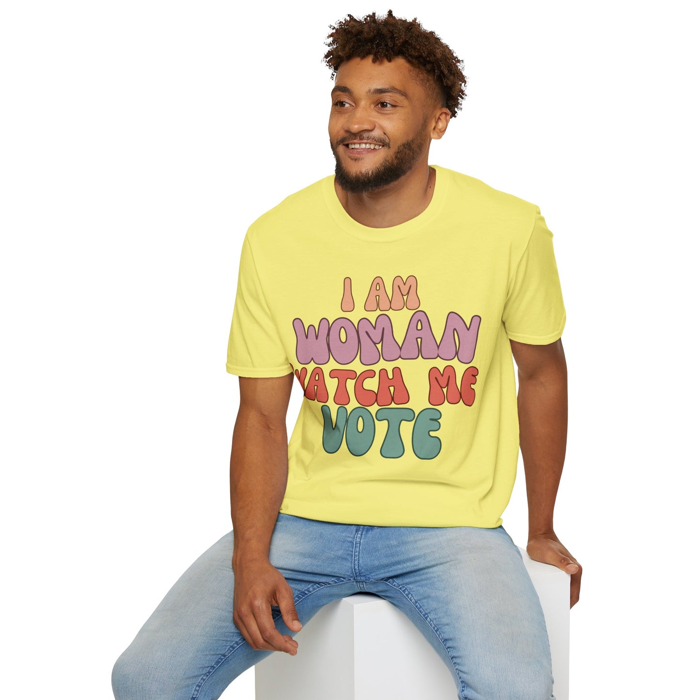 2-sided, I Am Woman Watch Me Vote Light colors Unisex T-Shirt by theGreenDragonTavern.shop