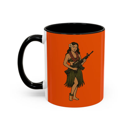 Hula Girl Packin' Heat Orange Accent Mug by theGreenDragonTavern.shop