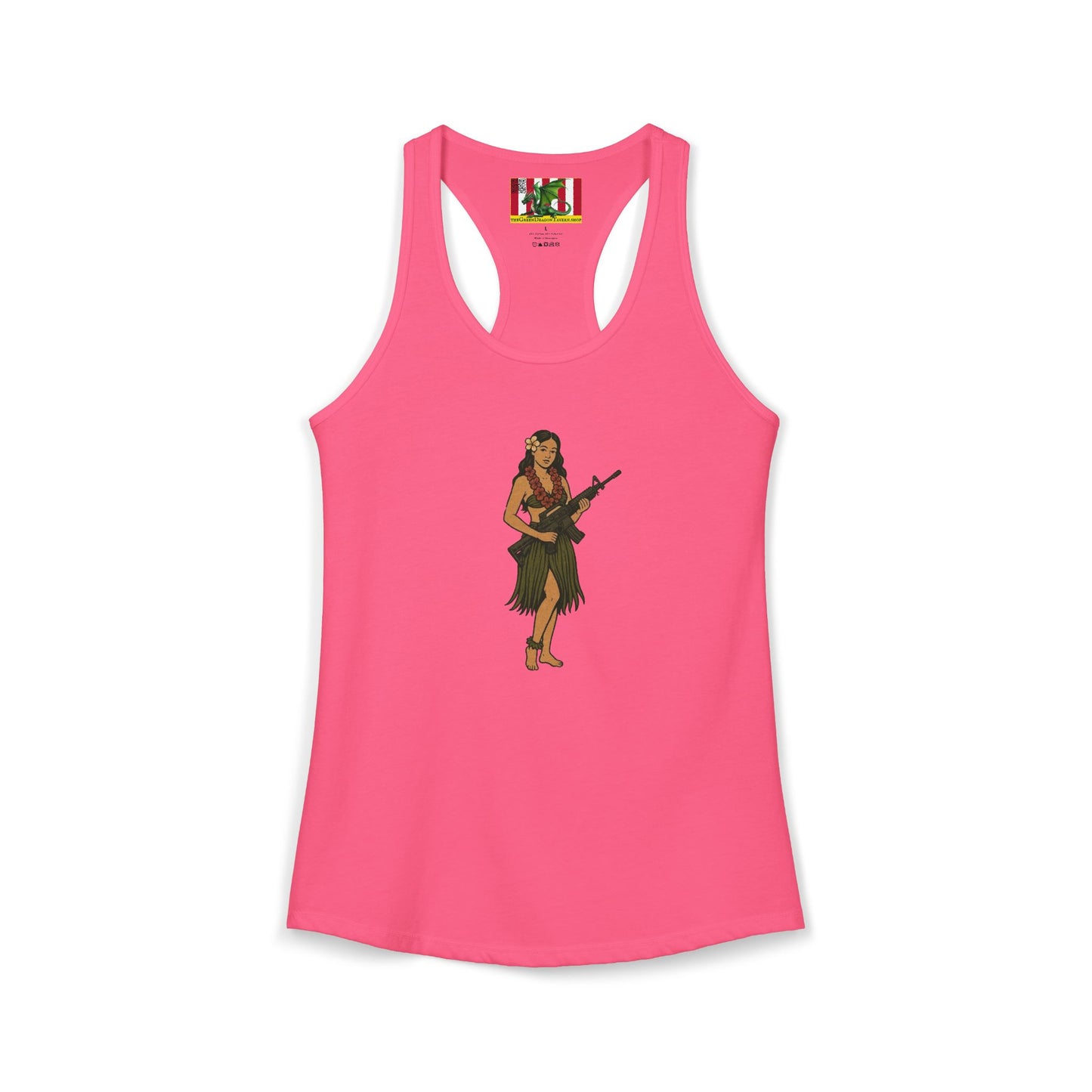 Hula Girl Packin' Heat Women's Racerback Tank Top by theGreenDragonTavern.shop