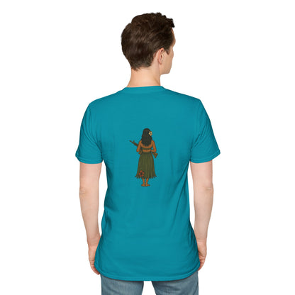 2-sided, Hula Girl Packin' Heat Dark colors Unisex T-Shirt by theGreenDragonTavern.shop