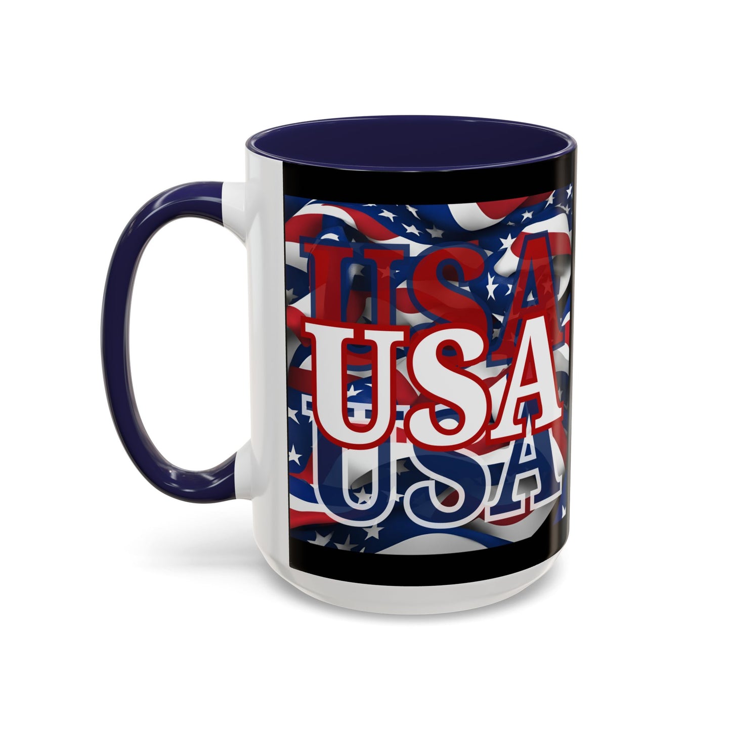 USA White font Center Patriot Black Accent Mug by theGreenDragonTavern.shop
