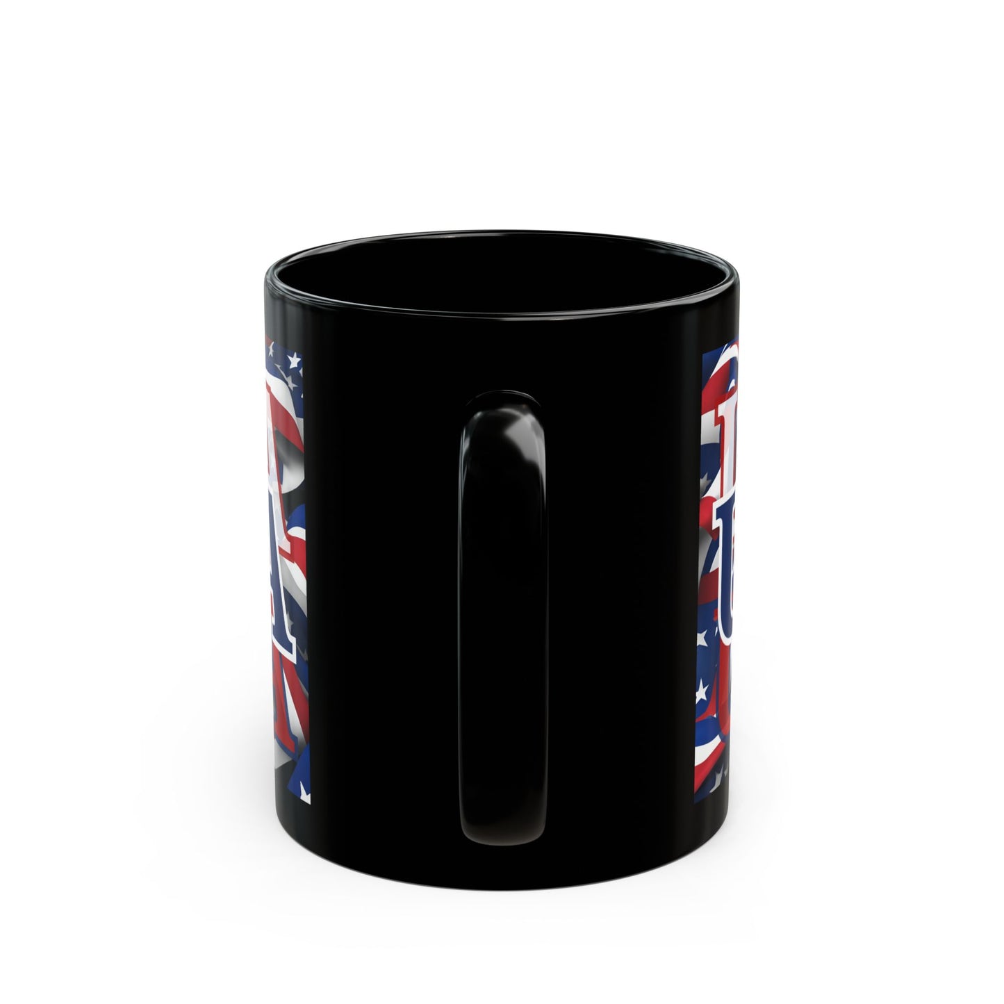 USA Blue font Center Patriot Black Mug by theGreenDragonTavern.shop