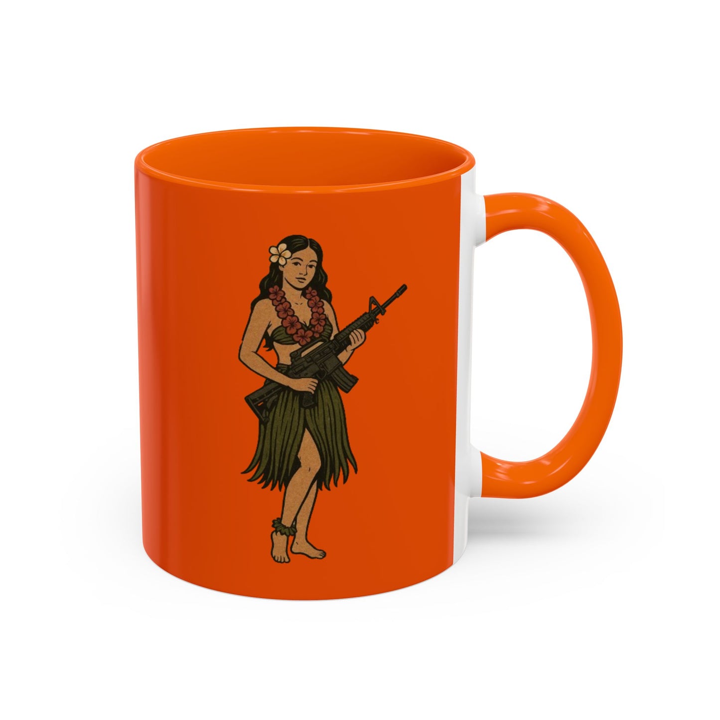 Hula Girl Packin' Heat Orange Accent Mug by theGreenDragonTavern.shop