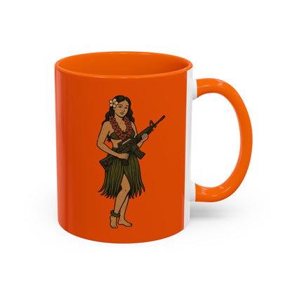 Hula Girl Packin' Heat Orange Accent Mug by theGreenDragonTavern.shop