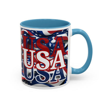 USA White font Center Patriot White Accent Mug by theGreenDragonTavern.shop