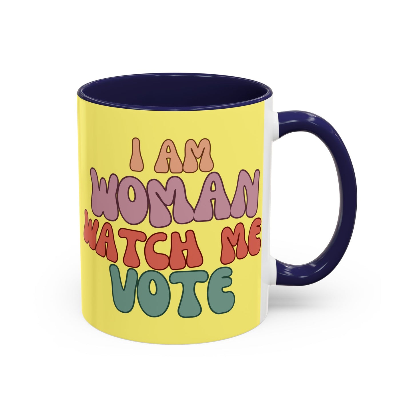 I Am Woman Watch Me Vote Yellow Accent Mug by theGreenDragonTavern.shop