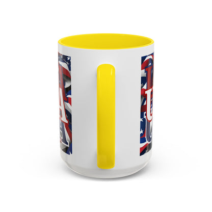 USA White font Center Patriot White Accent Mug by theGreenDragonTavern.shop