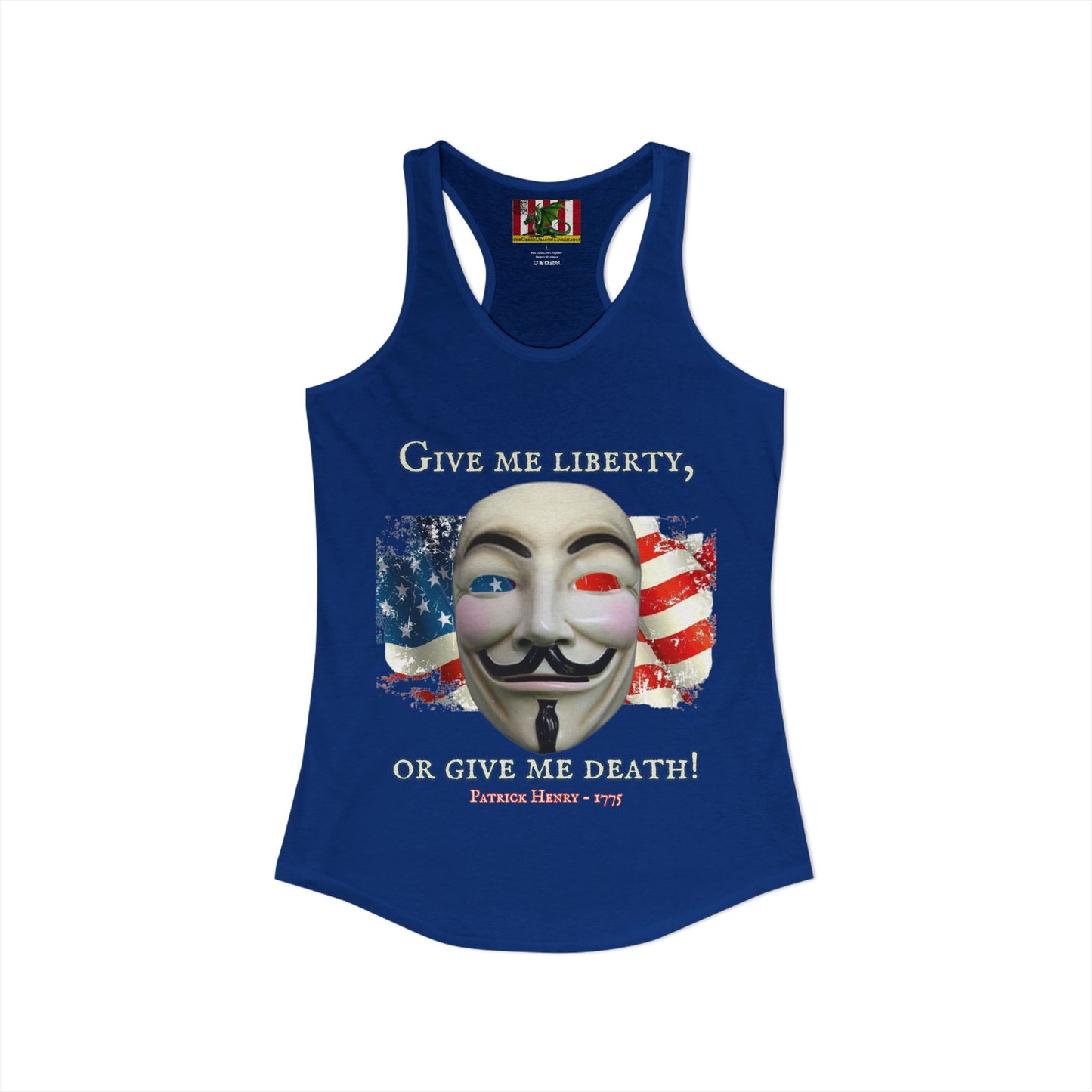 Vendetta, "Give me liberty, or give me death!" Women's Racerback Tank Top by theGreenDragonTavern.shop