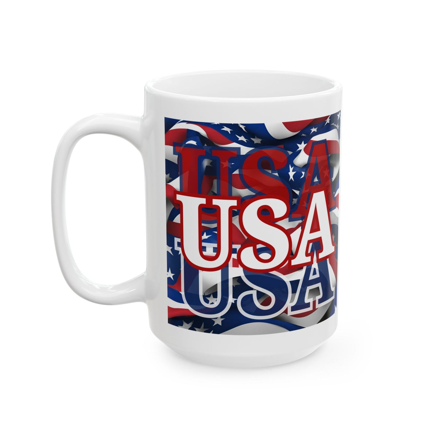 USA White font Center Patriot White Mug by theGreenDragonTavern.shop