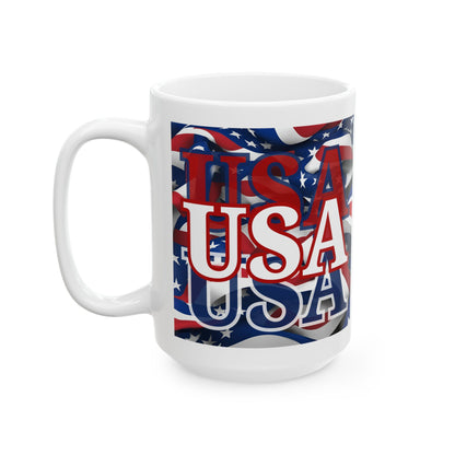 USA White font Center Patriot White Mug by theGreenDragonTavern.shop