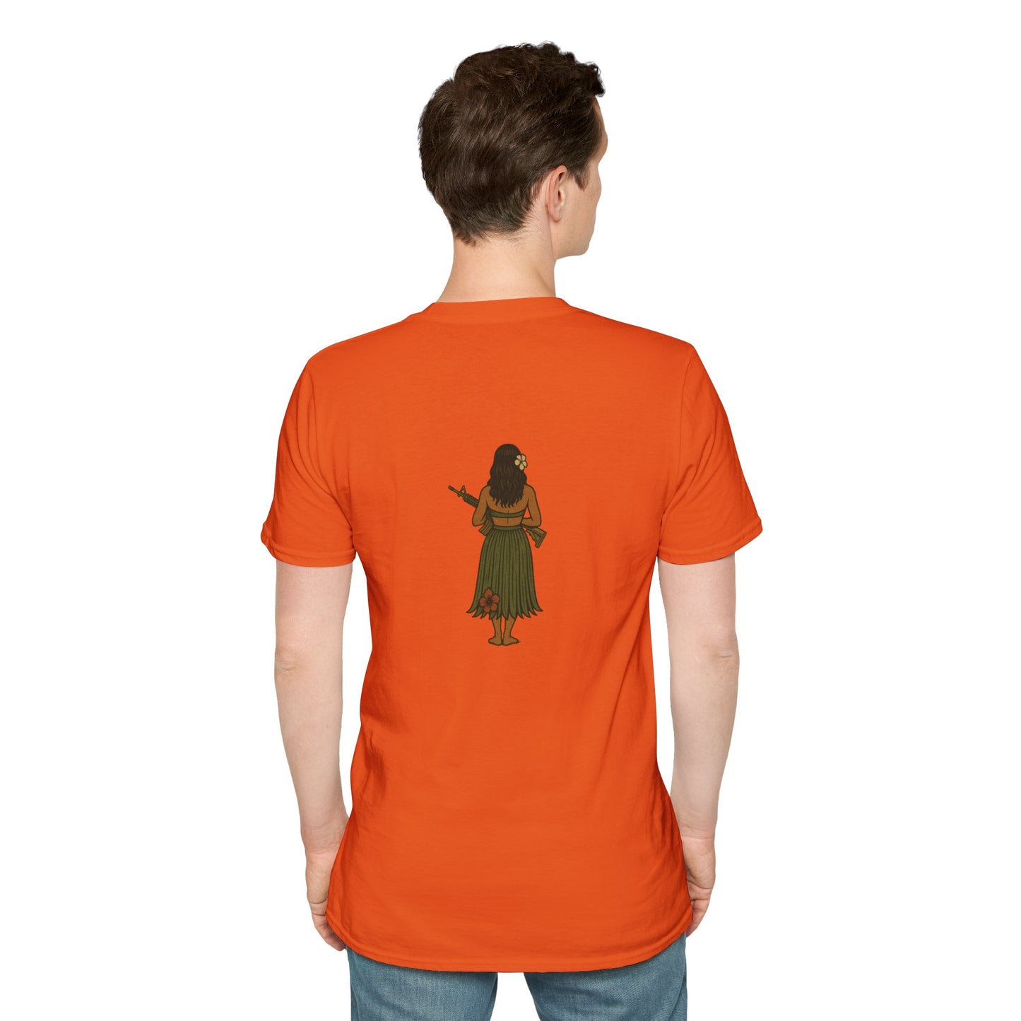 2-sided, Hula Girl Packin' Heat Light colors Unisex T-Shirt by theGreenDragonTavern.shop