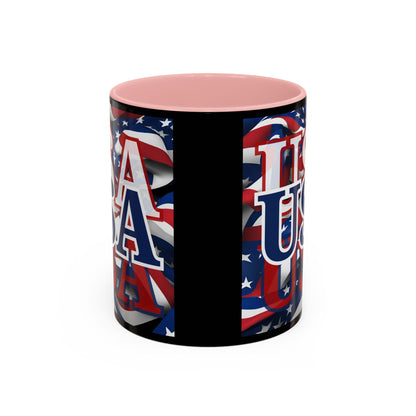 USA Blue font Center Patriot Black Accent Mug by theGreenDragonTavern.shop