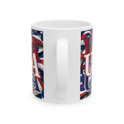 USA White font Center Patriot White Mug by theGreenDragonTavern.shop