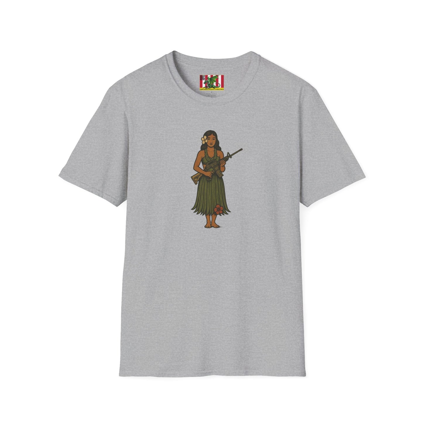 2-sided, Hula Girl Packin' Heat Light colors Unisex T-Shirt by theGreenDragonTavern.shop