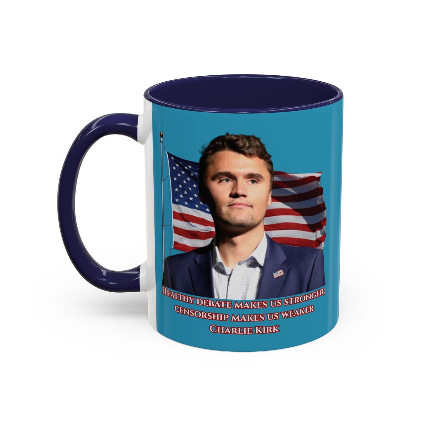 Charlie Kirk, Healthy Debate Turquoise Accent Mug by theGreenDragonTavern.shop
