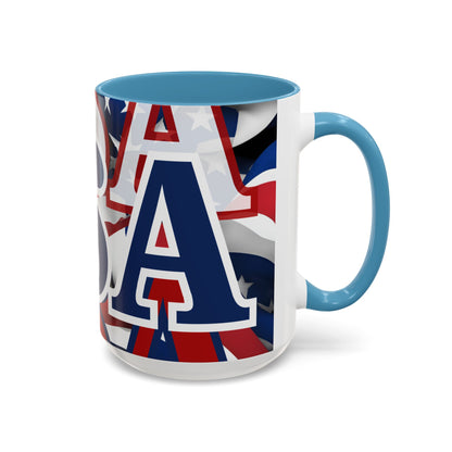 USA! USA! USA Blue font Patriot Black Accent Mug by theGreenDragonTavern.shop