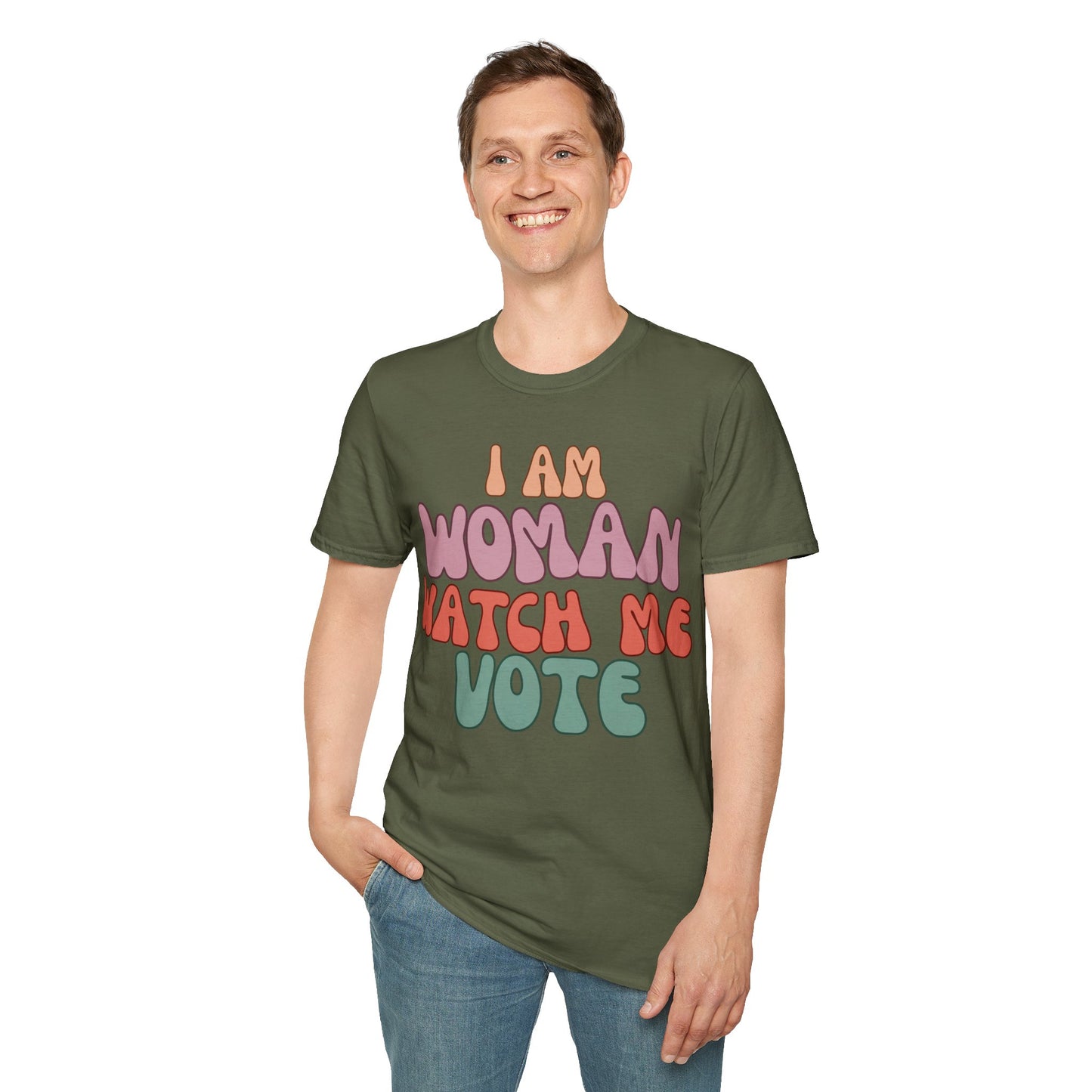 2-sided I Am Woman Watch Me Vote DKcolors Unisex T-Shirt by theGreenDragonTavern.shop