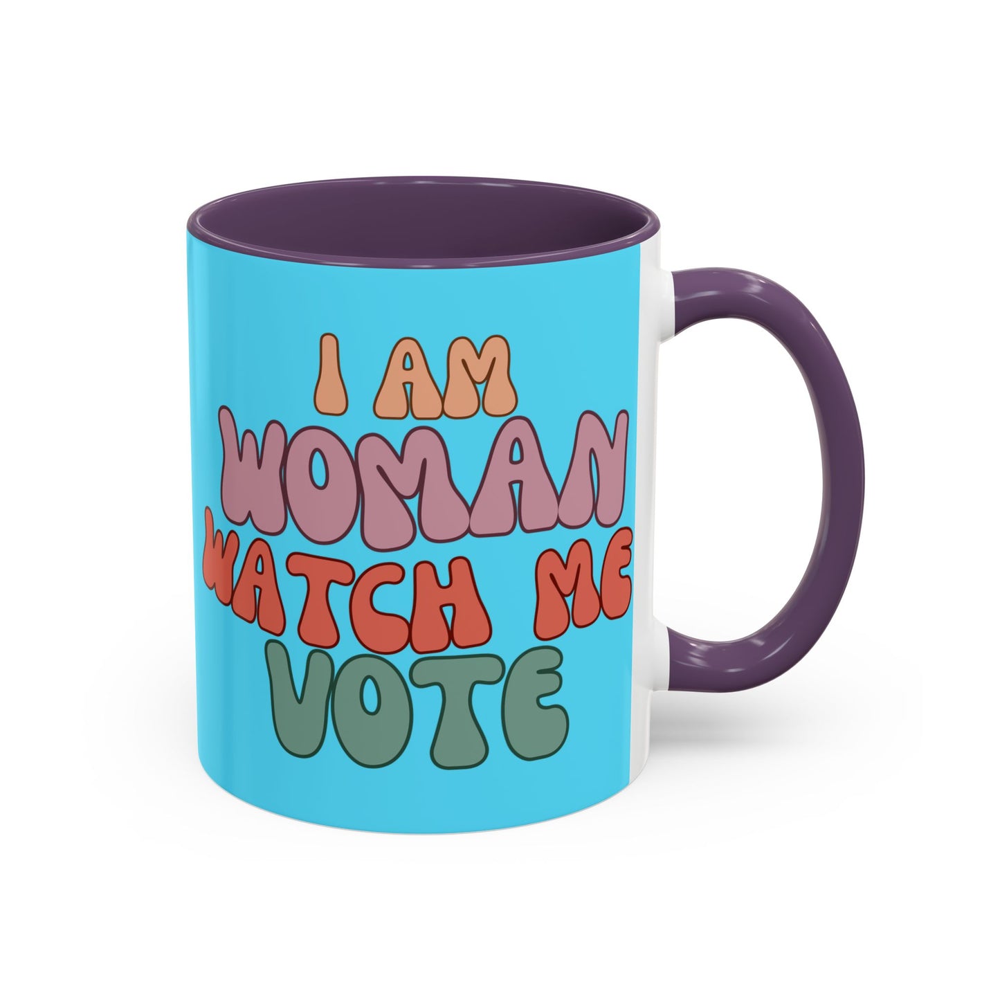 I Am Woman Watch Me Vote Light Blue Accent Mug by theGreenDragonTavern.shop