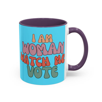 I Am Woman Watch Me Vote Light Blue Accent Mug by theGreenDragonTavern.shop
