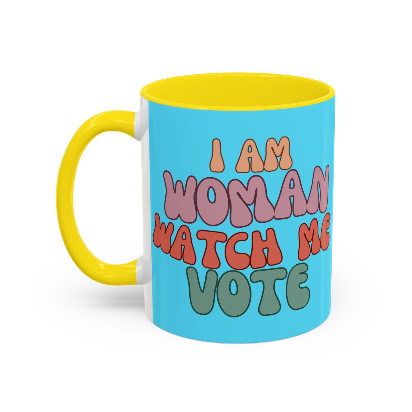 I Am Woman Watch Me Vote Light Blue Accent Mug by theGreenDragonTavern.shop