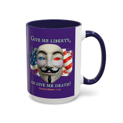 Vendetta, "Give me liberty, or give me death!" Purple Accent Mug by theGreenDragonTavern.shop