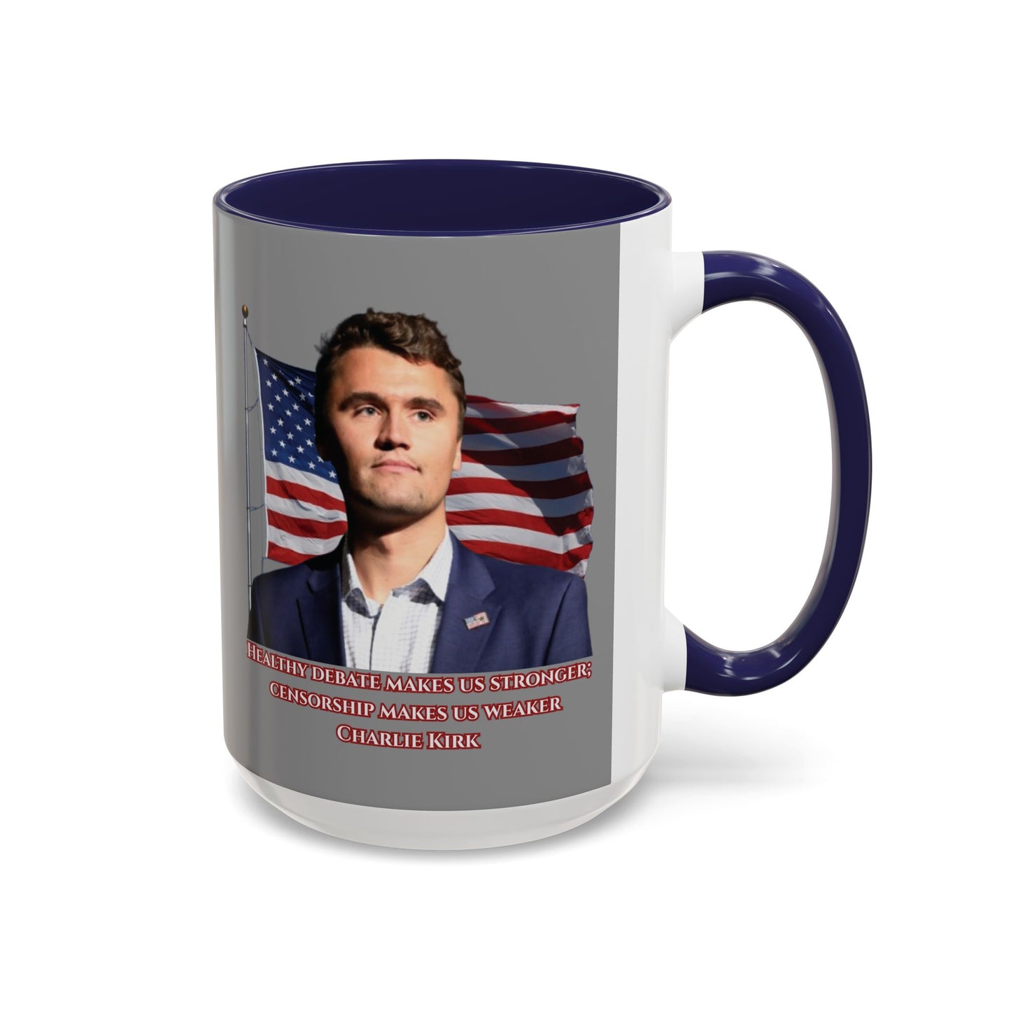 Charlie Kirk, Healthy Debate Grey Accent Mug by theGreenDragonTavern.shop
