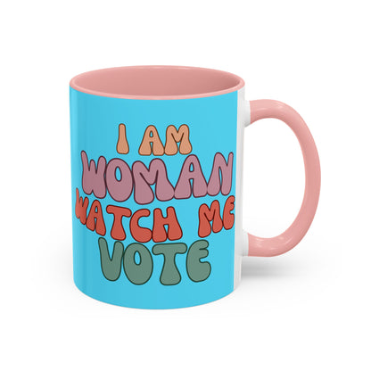 I Am Woman Watch Me Vote Light Blue Accent Mug by theGreenDragonTavern.shop