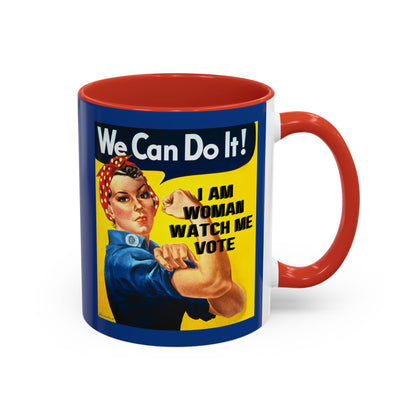 I Am Woman Watch Me Vote Rosie Dark Blue Accent Mug by theGreenDragonTavern.shop
